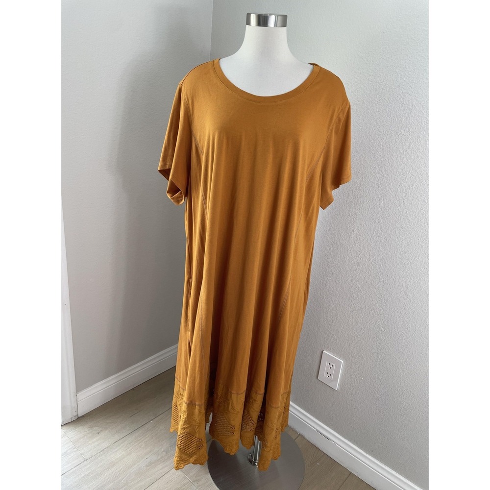 LOGO Lavish Dress Womens 3X Yellow Swing T‎ Shirt Midi Embroidered Hem Pockets